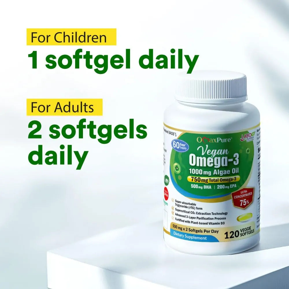 Aceite De Algas Omega 3 Vegano 750 Mg Con DHA Y EPA Para Corazón Y Cerebro