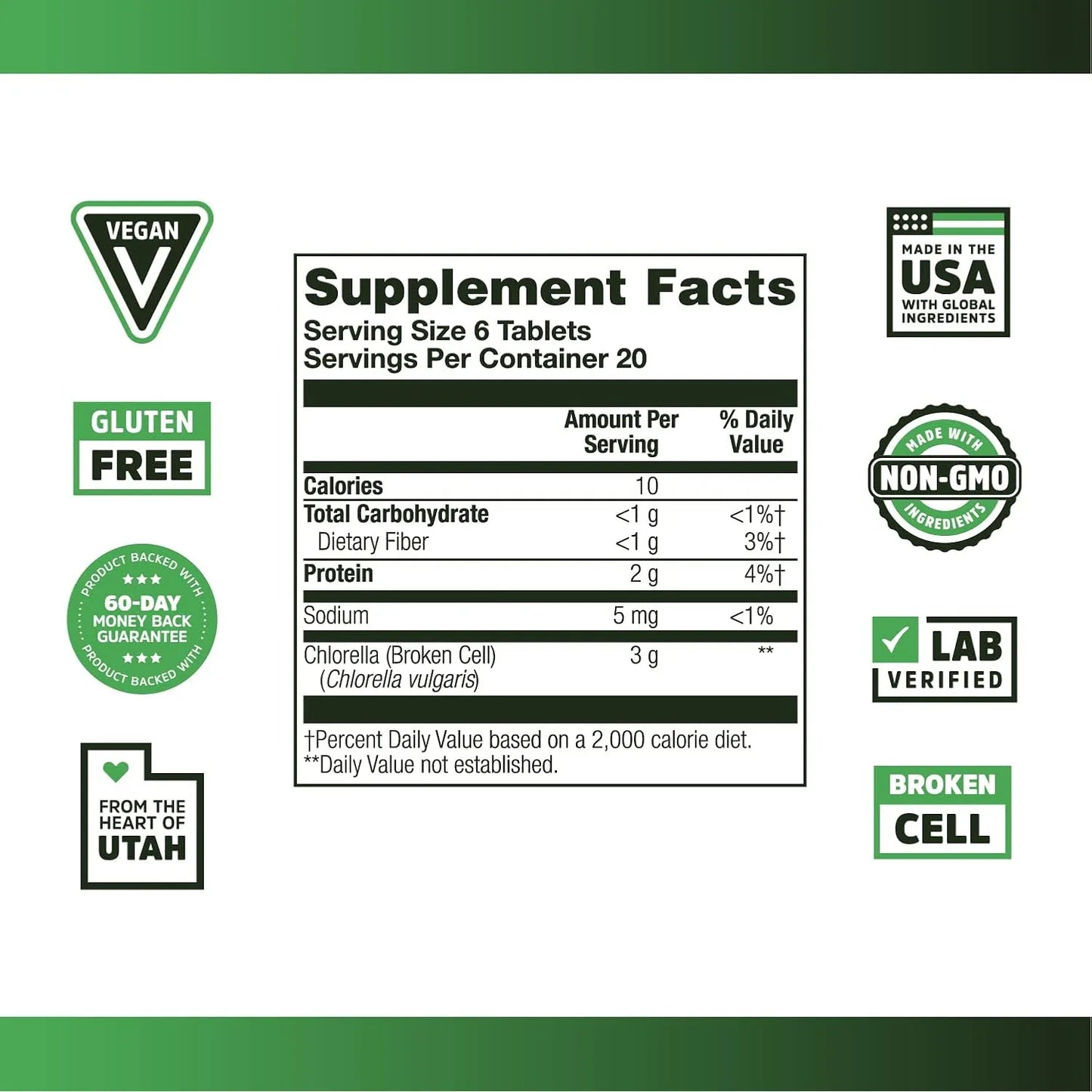 Tabletas De Chlorella Broken Cell Superalimento 120 Unidades Suplemento Vegano Sin Gluten