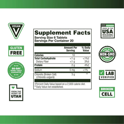 Tabletas De Chlorella Broken Cell Superalimento 120 Unidades Suplemento Vegano Sin Gluten