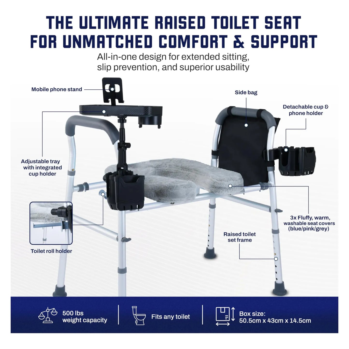 Asiento De Inodoro Elevado Con Asas Soporte 500 Lbs Ajustable Y Acolchado