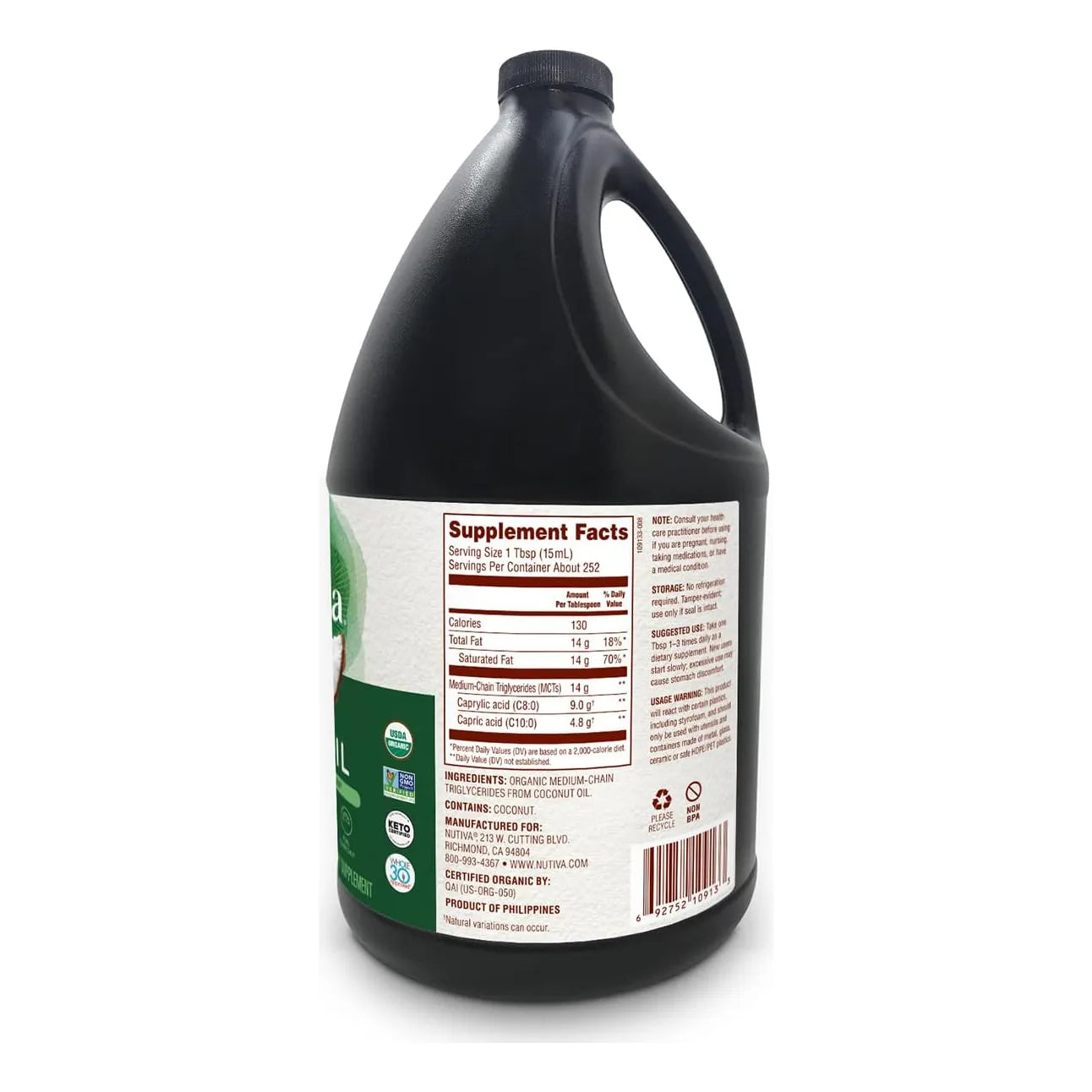 Aceite Mct Organico Nutiva 1 Galon Sin Omg C8 C10 Dieta Cetogenica