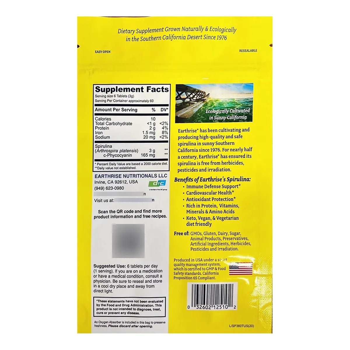 Tabletas De Espirulina Natural 500 Mg 360 Unids Vegana Sin Gluten Cultivada En California