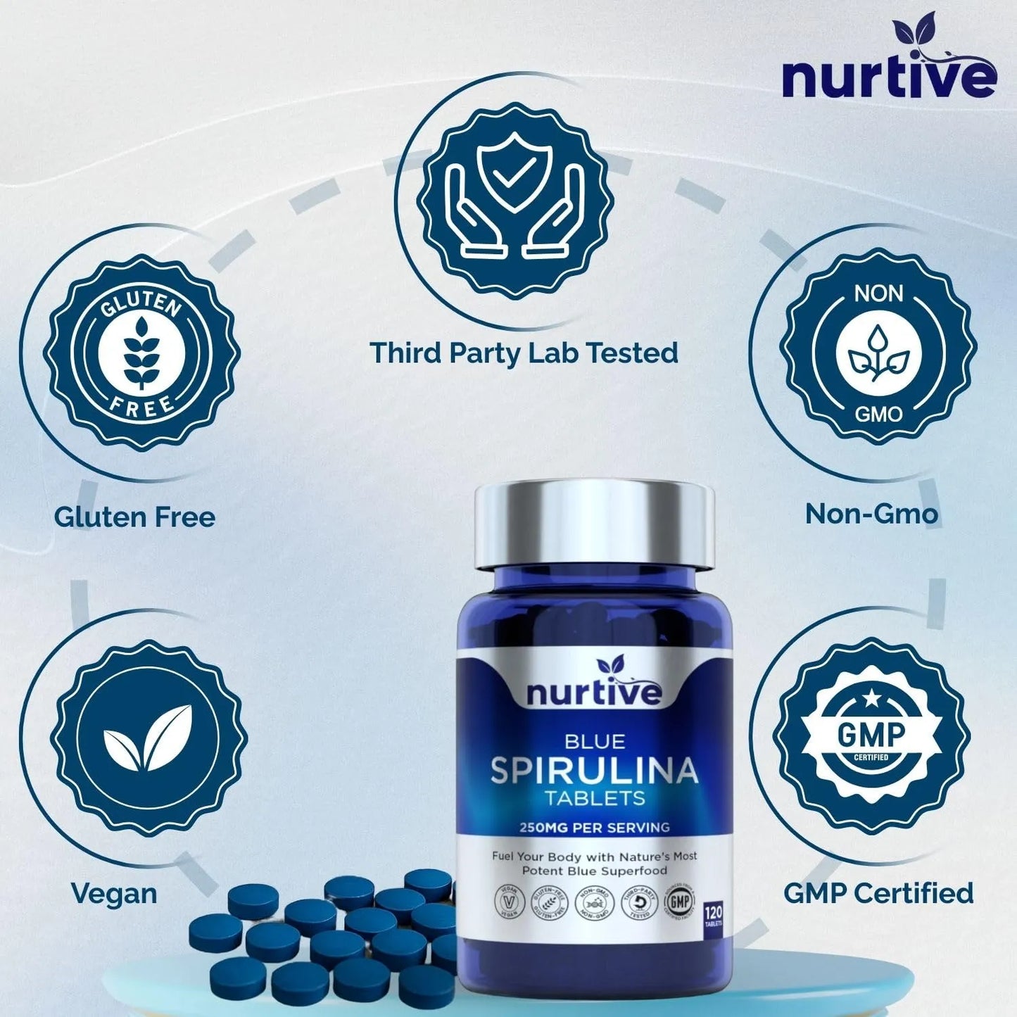 Tabletas De Espirulina Azul 120 Tabletas 250 Mg Extracto Puro Vegano Sin Gluten
