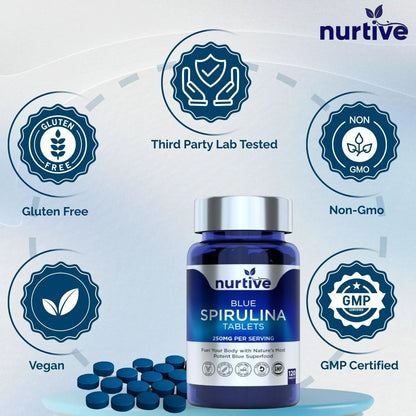 Tabletas De Espirulina Azul 120 Tabletas 250 Mg Extracto Puro Vegano Sin Gluten