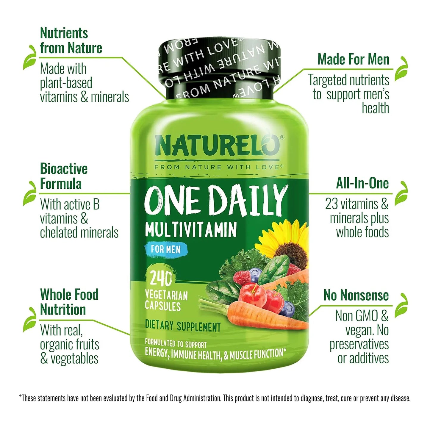 Multivitaminas Diarias Para Hombre NATURELO Con Vitaminas Minerales 240 Cápsulas