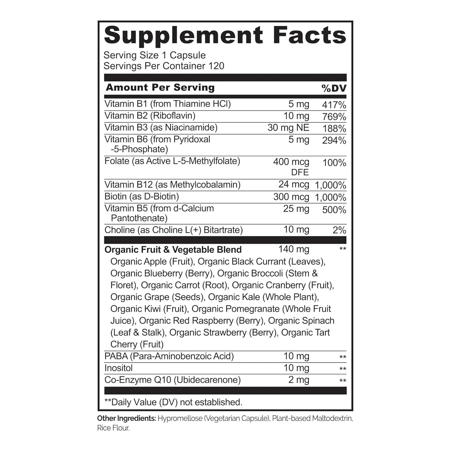 Complejo B Premium 120 Capsulas Con Vitaminas Activas Y Blend Organico