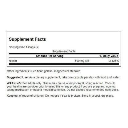 Niacina B3 500mg Swanson Apoyo Cardiovascular Metabolismo Energía 250 Cápsulas