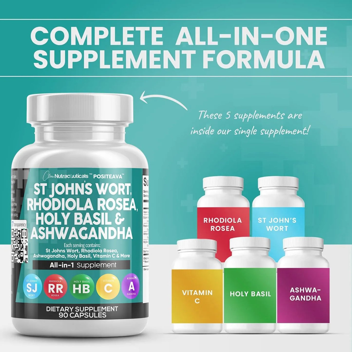 Suplemento St Johns Wort Rhodiola Rosea Holy Basil Ashwagandha 90 Capsulas Apoyo Estado Animo