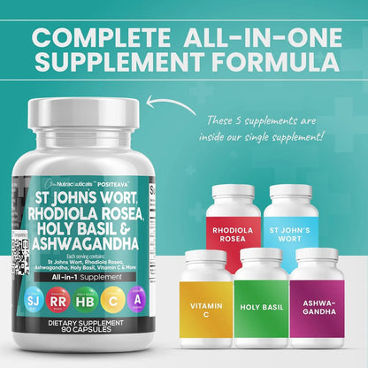 Suplemento St Johns Wort Rhodiola Rosea Holy Basil Ashwagandha 90 Capsulas Apoyo Estado Animo