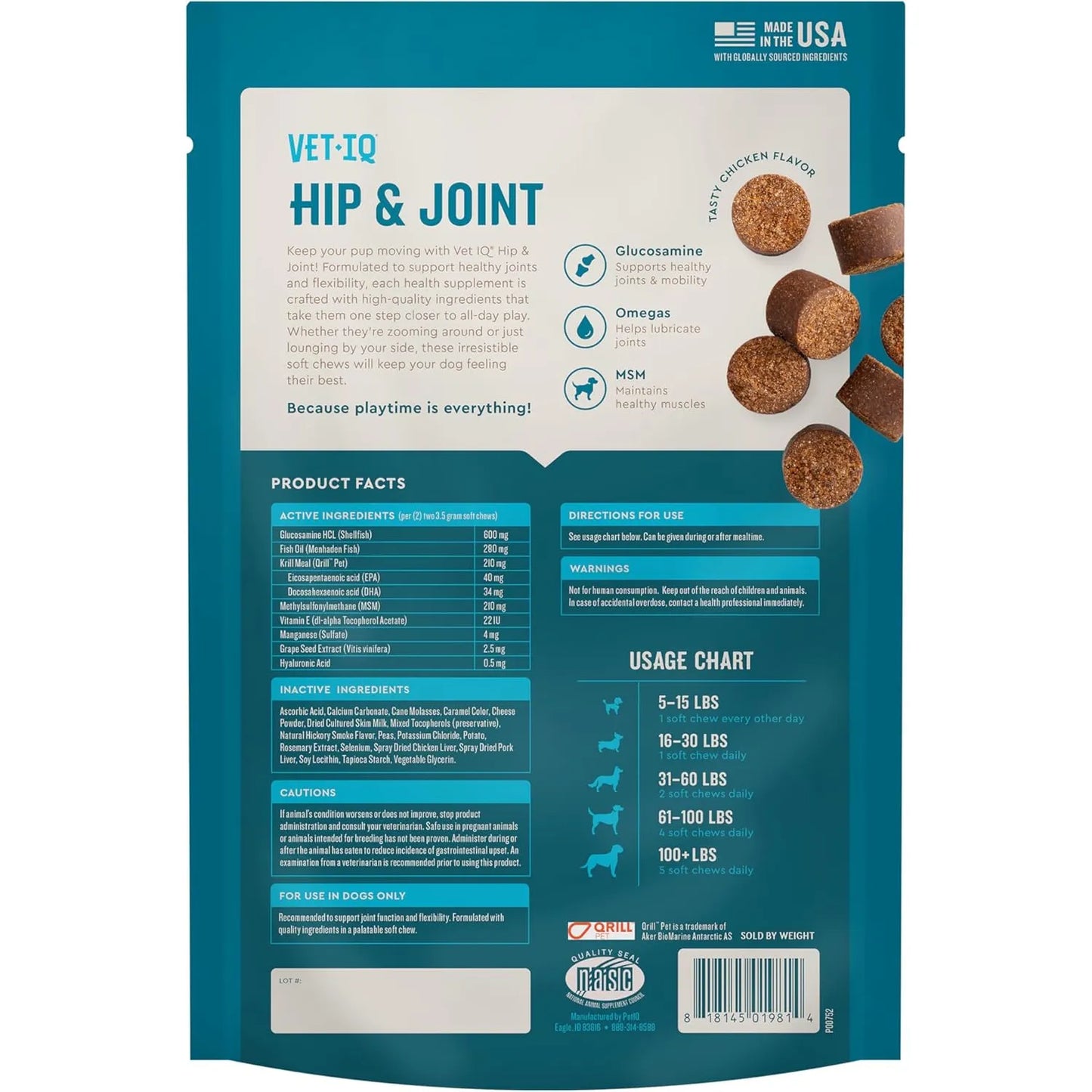 Suplemento Glucosamina Hipoalergénico Para Perros 60 Mastica VetIQ Articulaciones