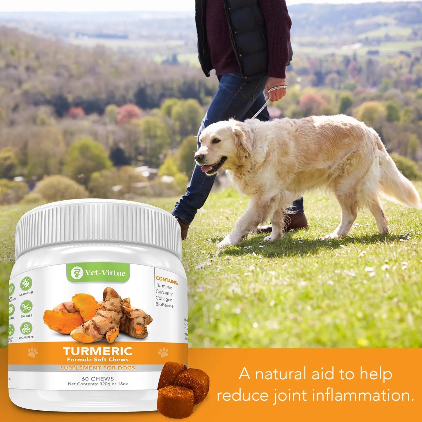 Cúrcuma Orgánica Masticable Para Perros Con Curcumina Colágeno Alivia Dolor Articulaciones