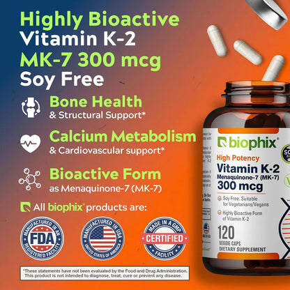 Vitamina K2 MK7 300mcg 120 Cápsulas Veganas Salud Ósea Y Cardiovascular