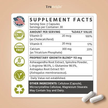 Capsulas Maximizador De Crecimiento De Altura Natural Con Ashwagandha Y Calcio Para Niños Y Adolescentes Paquete De 3