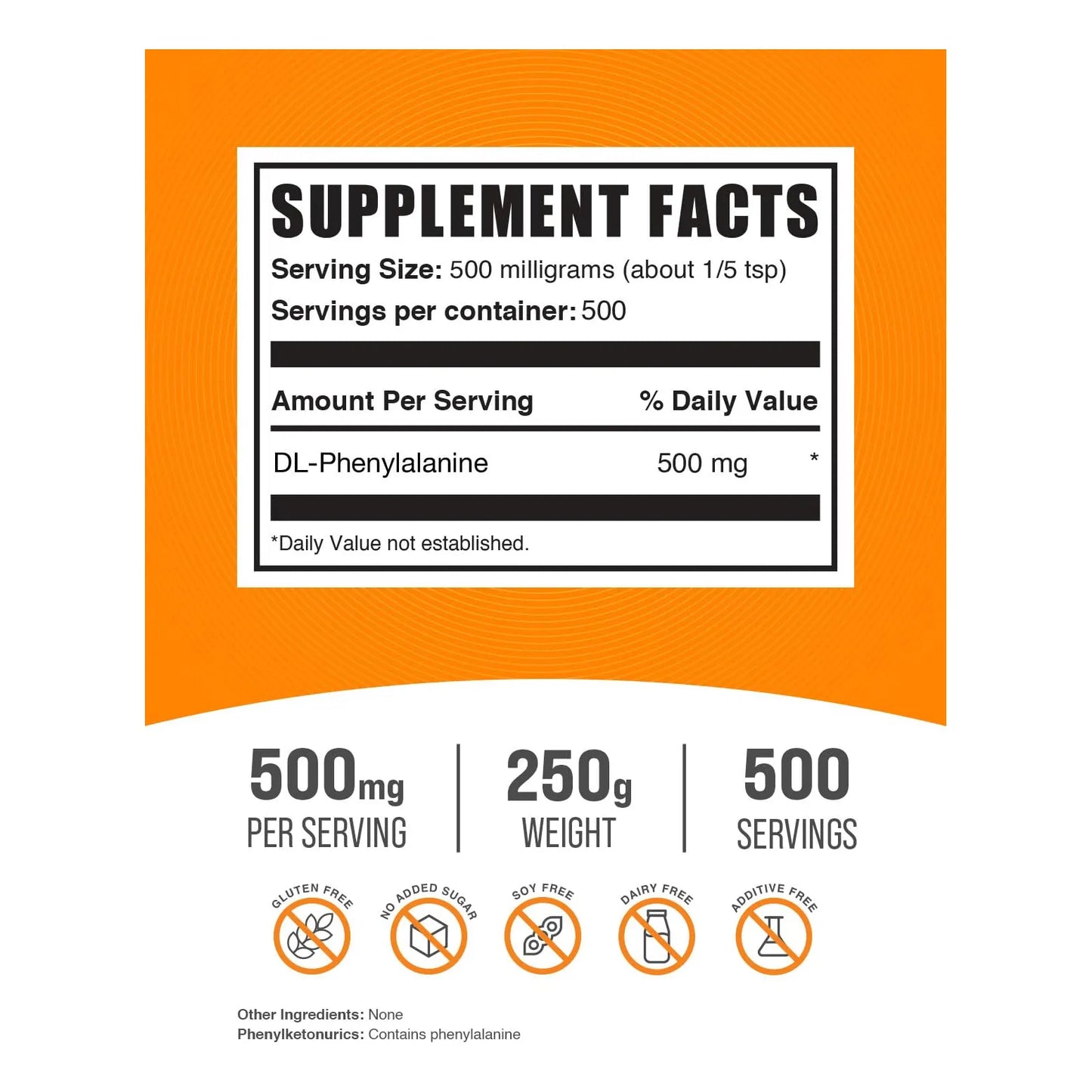 DL Fenilalanina En Polvo 500 Mg Aminoacidos 250 G Suplemento Sin Gluten