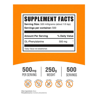 DL Fenilalanina En Polvo 500 Mg Aminoacidos 250 G Suplemento Sin Gluten