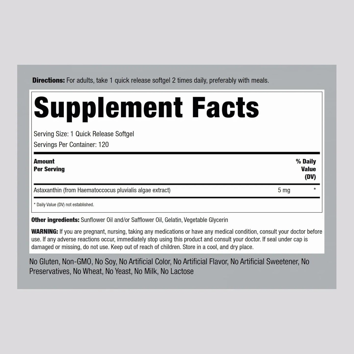 Astaxantina 5 Mg 120 Capsulas Blandas Antioxidante Natural Sin Gluten