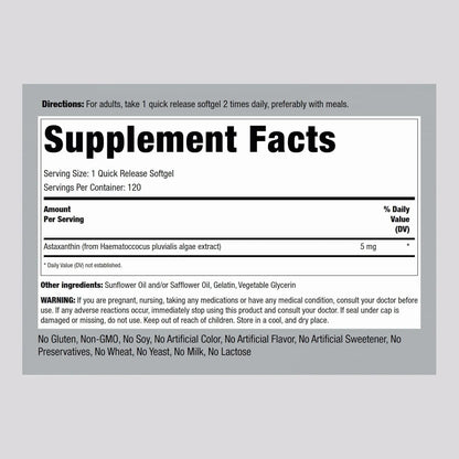 Astaxantina 5 Mg 120 Capsulas Blandas Antioxidante Natural Sin Gluten