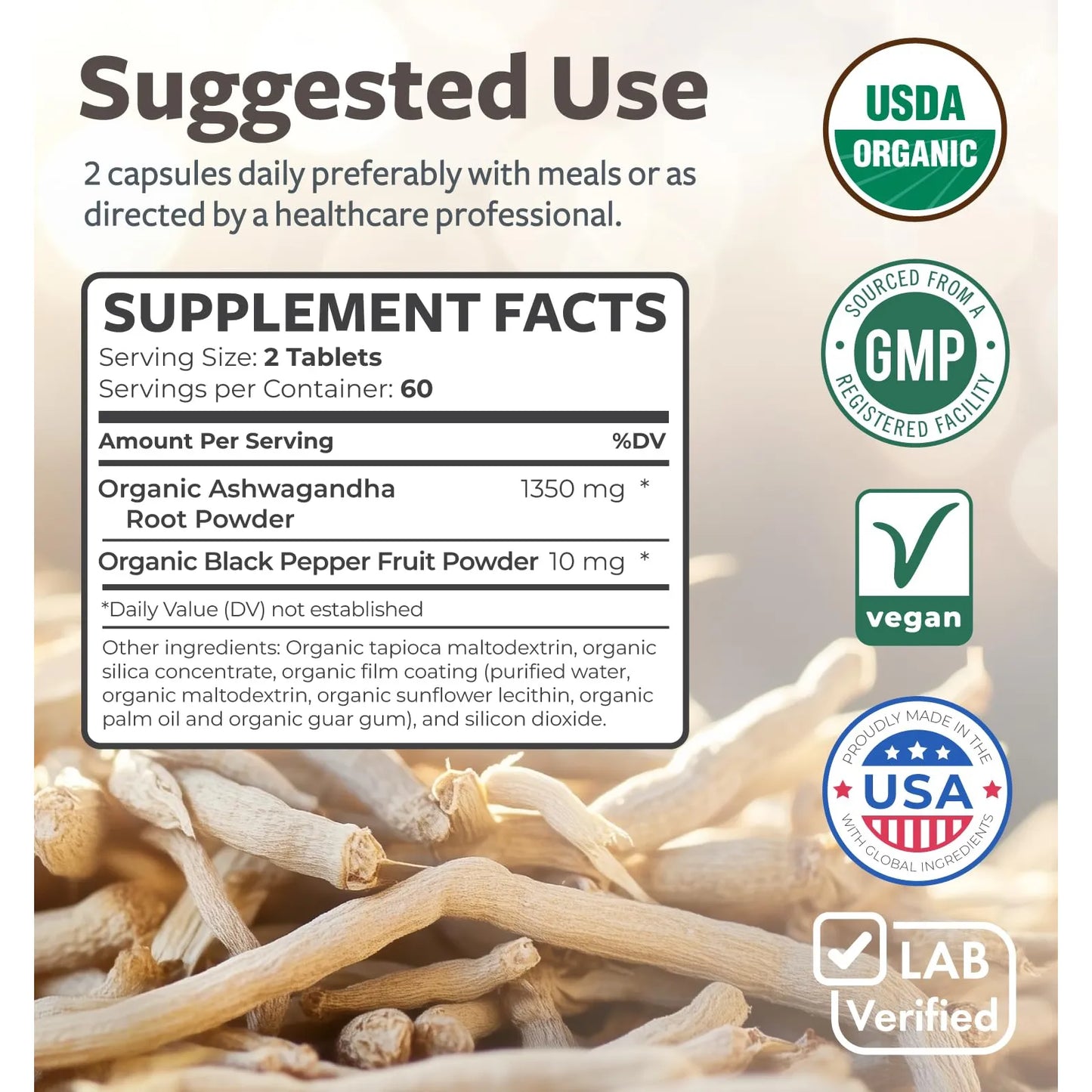 Ashwagandha Orgánica 1350 Mg Con Pimienta Negra 120 Tabletas Soporte Suprarrenal y Tiroides