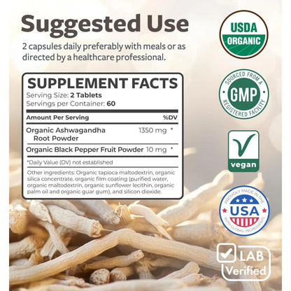 Ashwagandha Orgánica 1350 Mg Con Pimienta Negra 120 Tabletas Soporte Suprarrenal y Tiroides