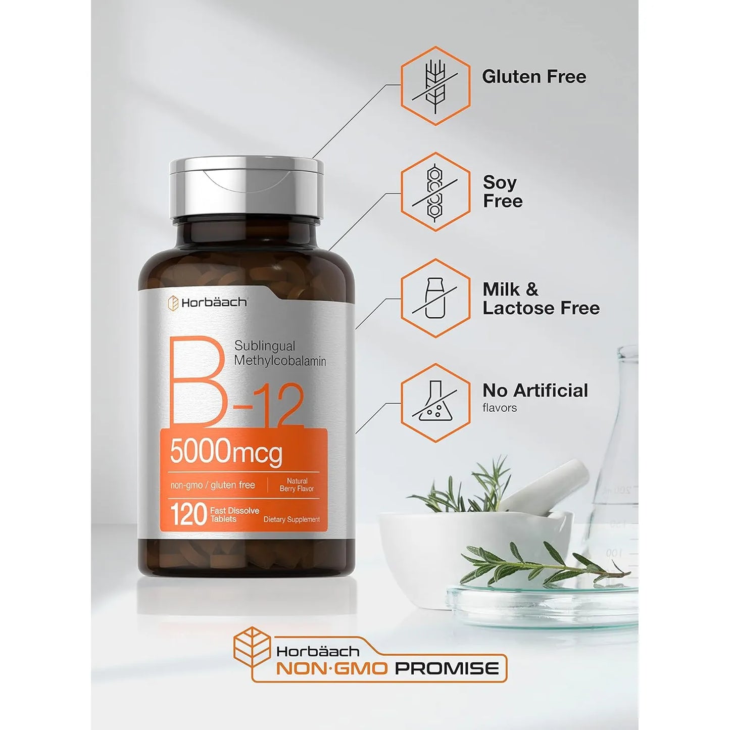 B12 Metilcobalamina Horbaach 5000 Mcg 120 Tabletas Sublinguales Sin Gluten - Imagen 3