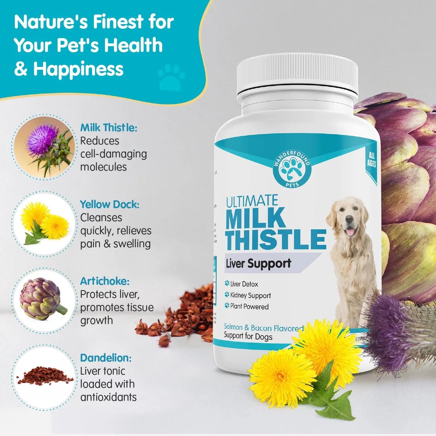 Tabletas Masticables Cardo Mariano Sabor Salmón Y Tocino Para Perros Salud Hepática 100 Unidades