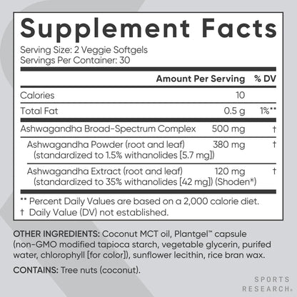 Cápsulas Blandas Ashwagandha Con Aceite De Coco MCT Para Relajación Y Sueño 60 Unidades