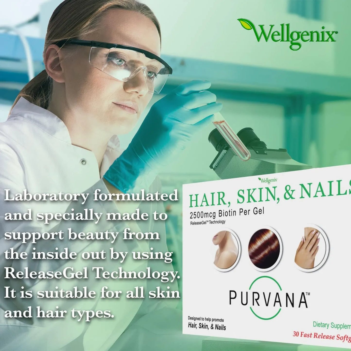 Purvana Vitamina Cabello Piel Uñas 2500 Mcg Biotina Acido Folico Dmae Usa