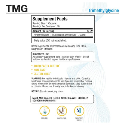 Puregen Labs TMG 750 Mg Trimetilglicina En Cápsulas Vegetarianas 180 Unidades
