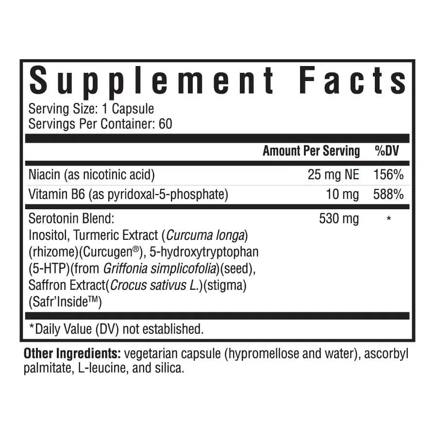 Suplemento Nutrientes De Serotonina 5 HTP Con Vitamina B6 Y Azafran 60 Capsulas Vegano