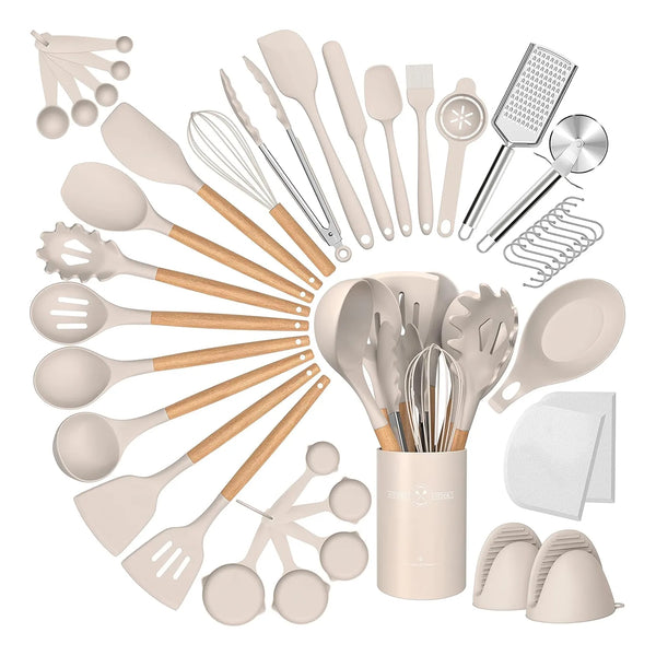 Juego De Utensilios Cocina Silicona 43 Piezas Antiadherentes Mangos Madera Resistente Al Calor