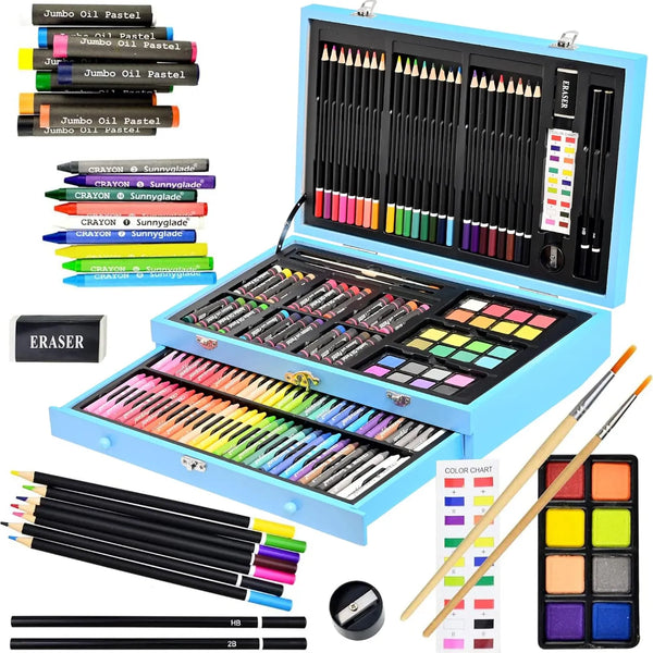 Kit De Arte De Lujo 145 Piezas Caja Madera Crayones Pasteles Lápices