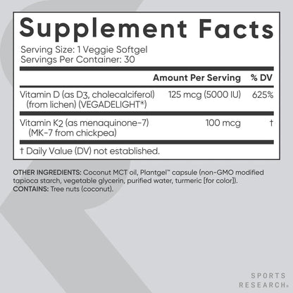 Vitamina D3 + K2 5000 Ui Sports Research Huesos Corazón Vegano - Imagen 5