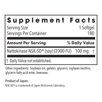 Nattoquinasa NSK SD 2000 FU 100mg 180 Capsulas Suplemento Cardiovascular