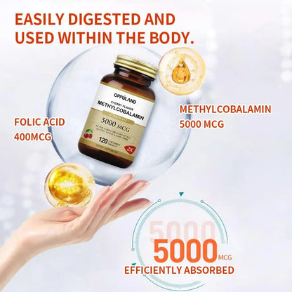 Vitamina B12 Metilcobalamina 5000 Mcg Con Ácido Fólico 120 Tabletas Masticables Sabor Cereza