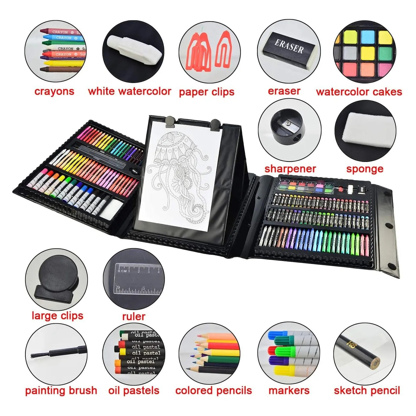 Kit De Pintura Y Dibujo 185 Piezas Con Caballete Doble Cara Materiales Profesionales