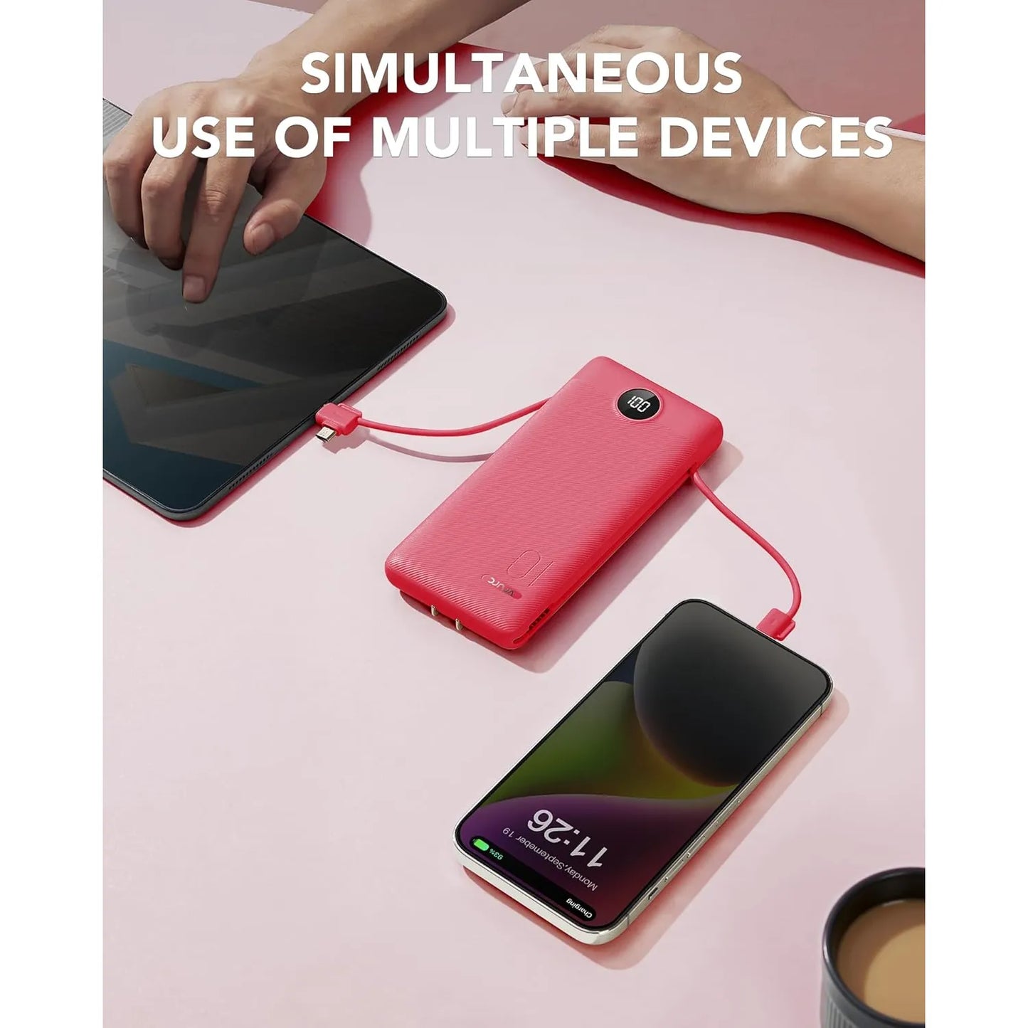 Cargador Portátil Vrurc 10000mah Con Cables Integrados Rojo - Imagen 2