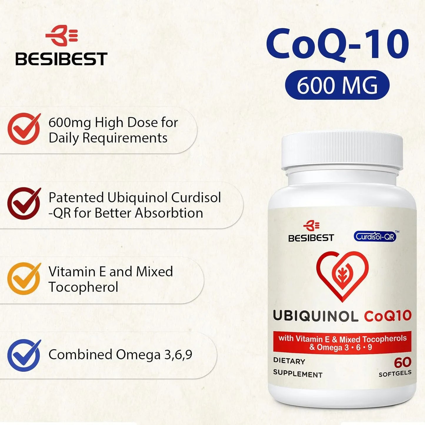 Ubiquinol 600 Mg Con Vitamina E Y Omega 3 6 9 Alta Absorción Suplemento Energía