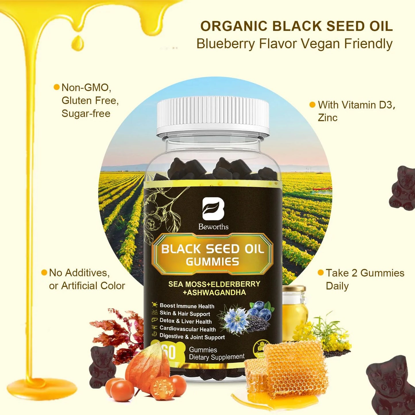 Gomitas De Aceite De Semilla Negra Y Musgo Marino Irlandés Con Vitaminas C Y D3 Para Piel Cabello Y Articulaciones