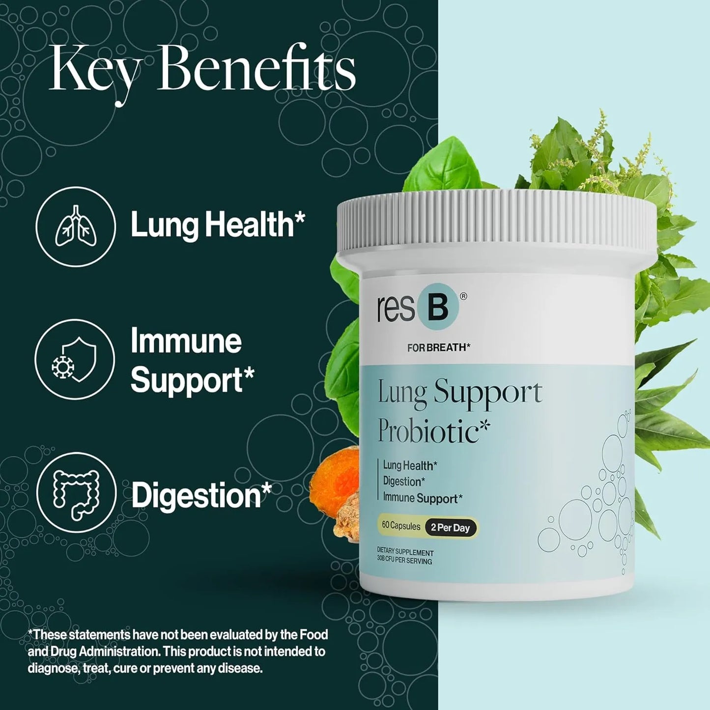 Suplemento ResB Probiótico Salud Pulmonar Intestinal Inmunidad Cúrcuma Albahaca