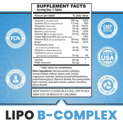 Tabletas Lipo B-Complex Energía Y Metabolismo 120 Tab Vitamina B12 Colina