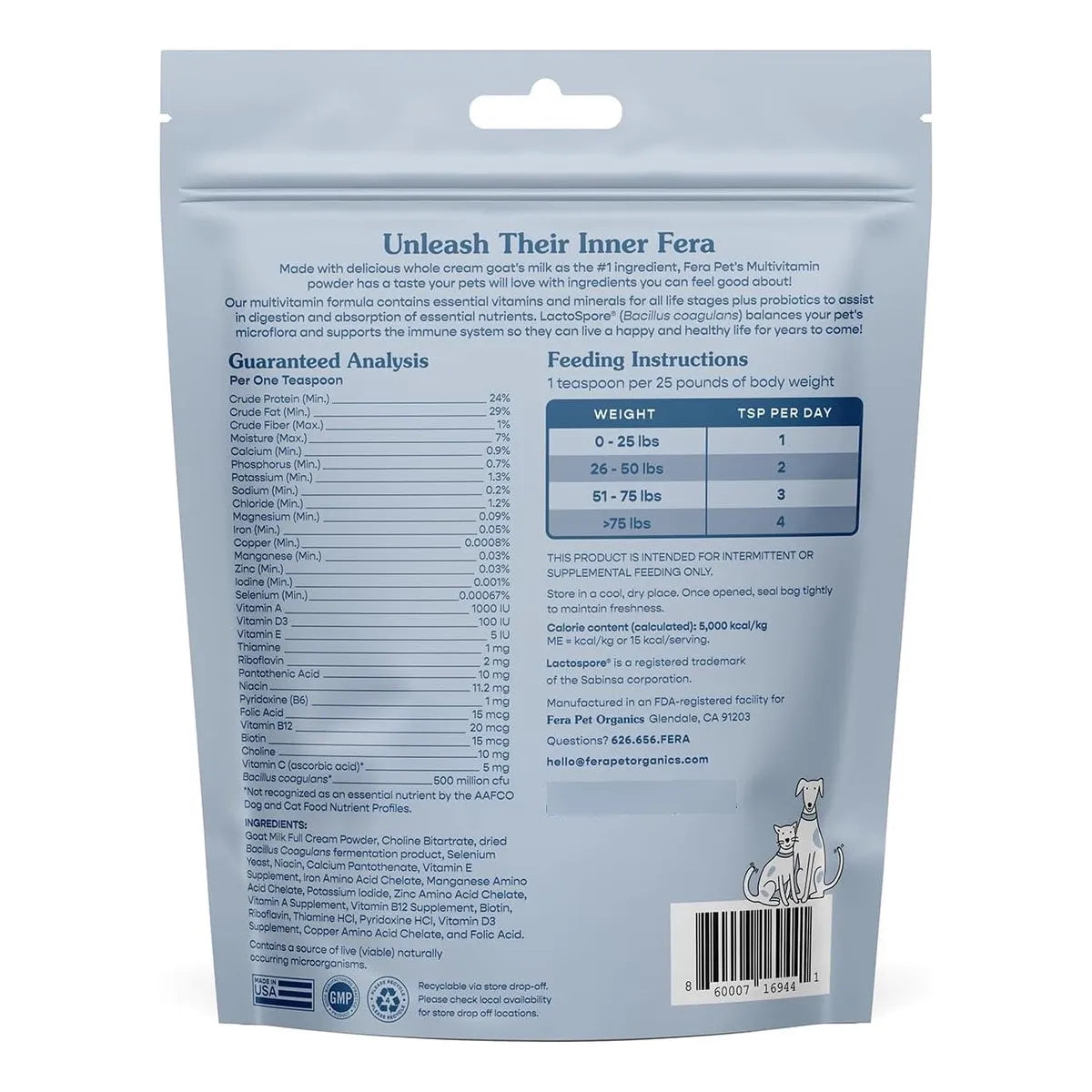 Multivitaminico Leche De Cabra Para Gatos Y Perros Con Probioticos Fera Pet Organics