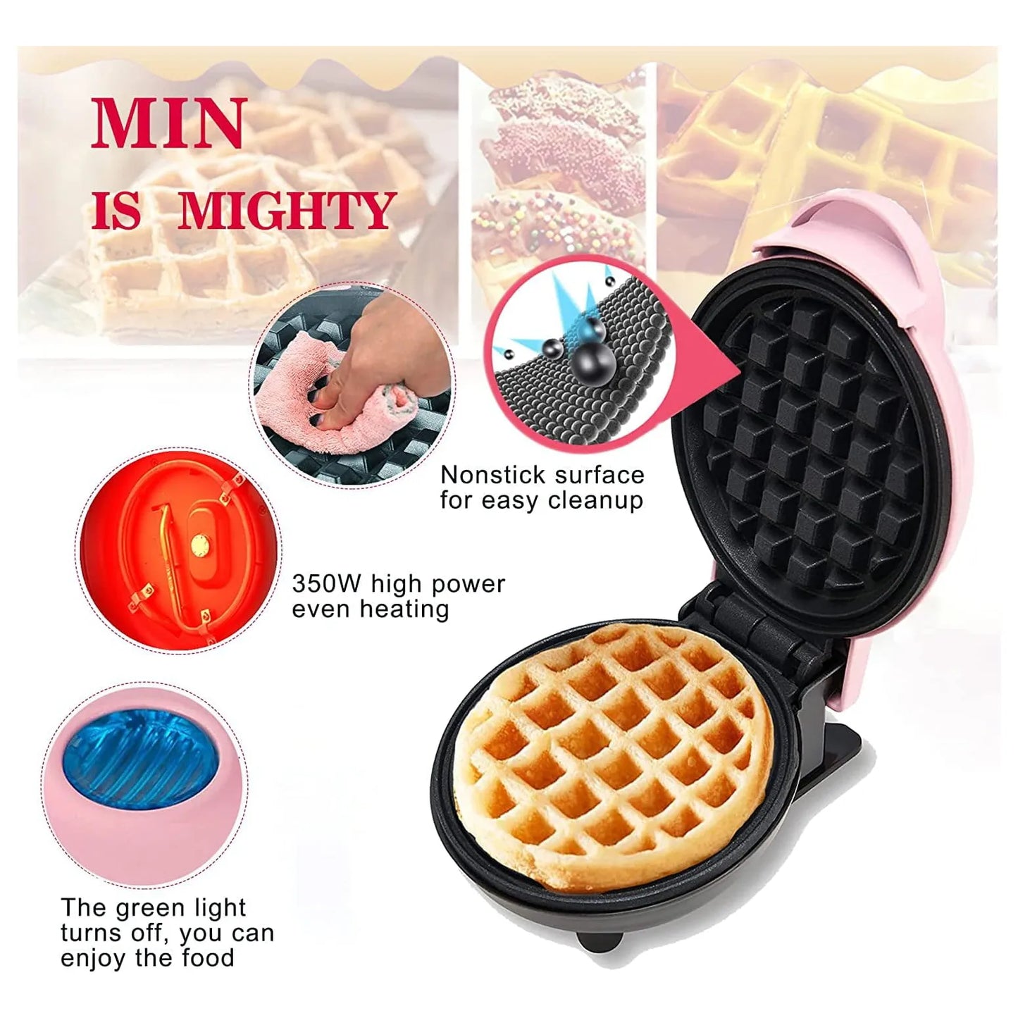 Mini Maker Waffle Maker Oblea Antiadherente 5 Pulgadas Multiusos Rosa