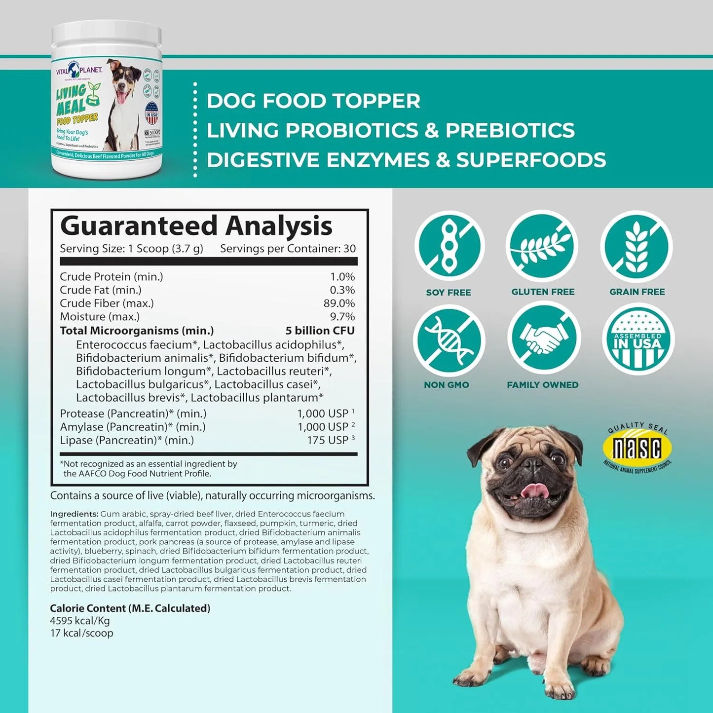 Polvo Para Perros Con Enzimas Probióticos Y Superalimentos Vital Planet 3.92 Oz Nutrición Premium
