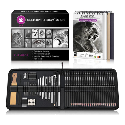 Juego De Lápices De Dibujo 58 Piezas Profesional Con Cuaderno Y Accesorios