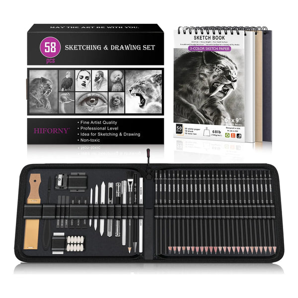 Juego De Lápices De Dibujo 58 Piezas Profesional Con Cuaderno Y Accesorios