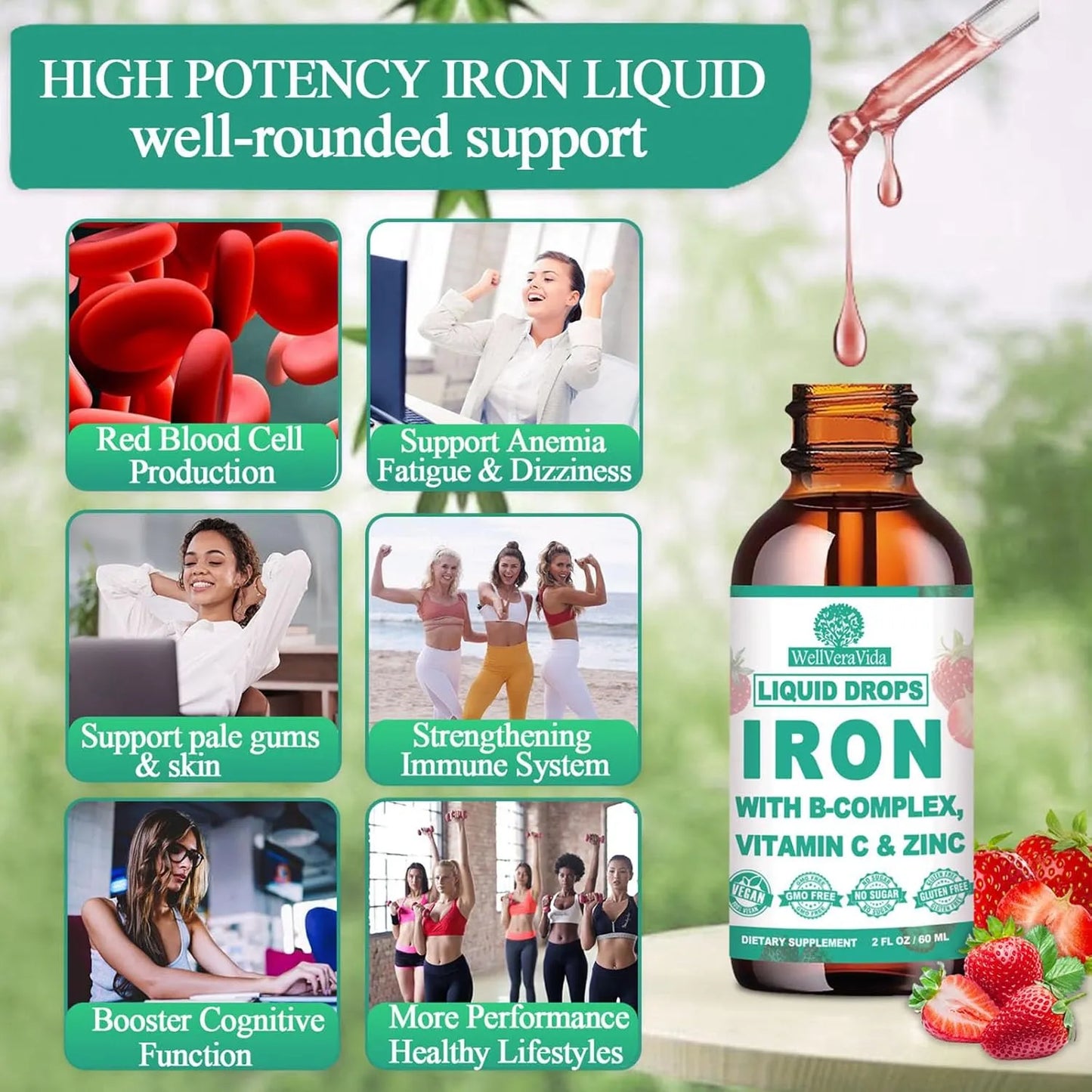 Suplemento De Hierro Liquido Con Vitamina C Y Complejo B Gotas Veganas Sabor Fresa
