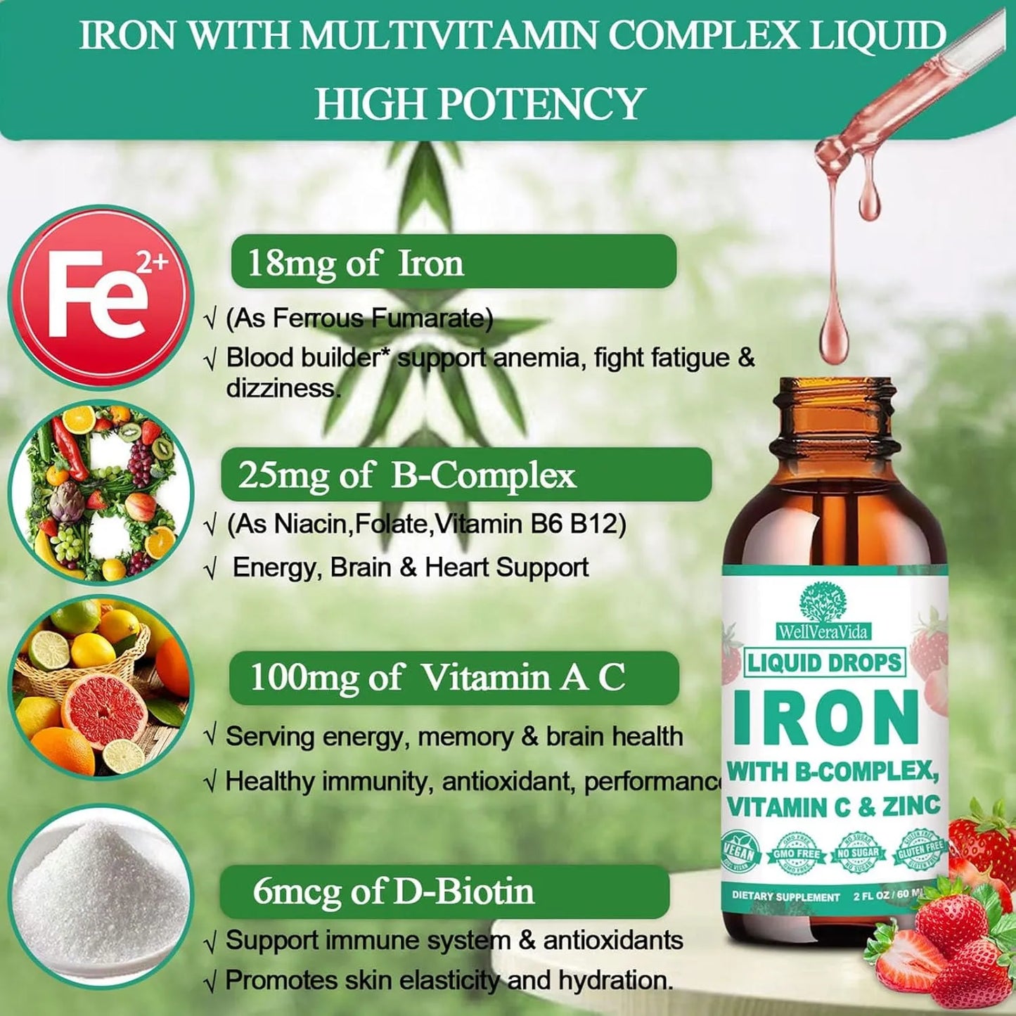 Suplemento De Hierro Liquido Con Vitamina C Y Complejo B Gotas Veganas Sabor Fresa