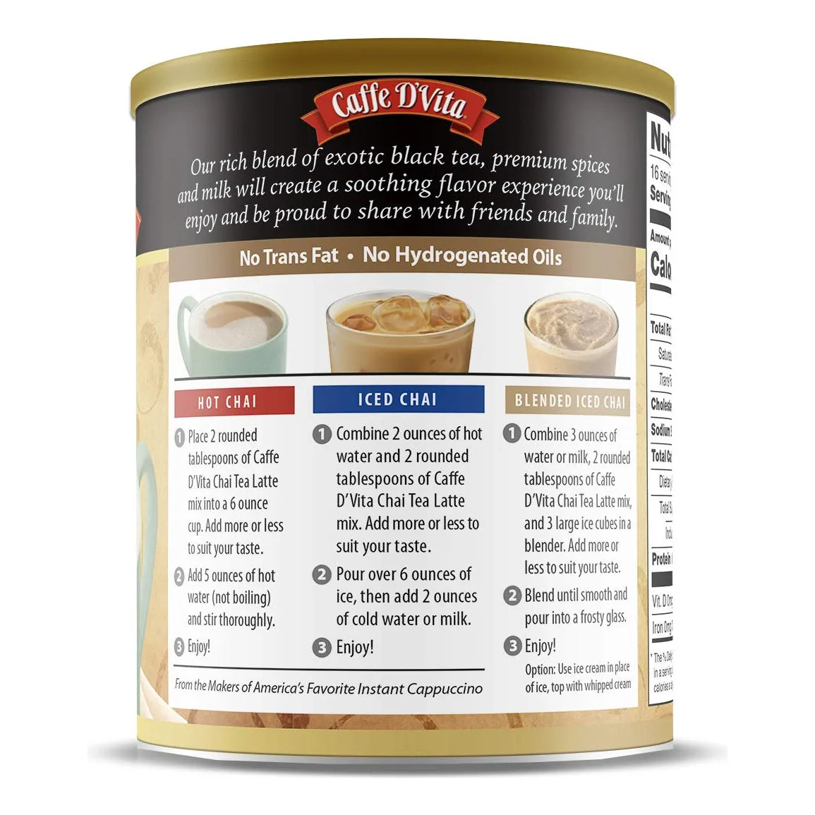 Caffe Dvita Te Chai Latte Mix Con Leche Especias 1 Lb Mezcla Premium Sin Gluten