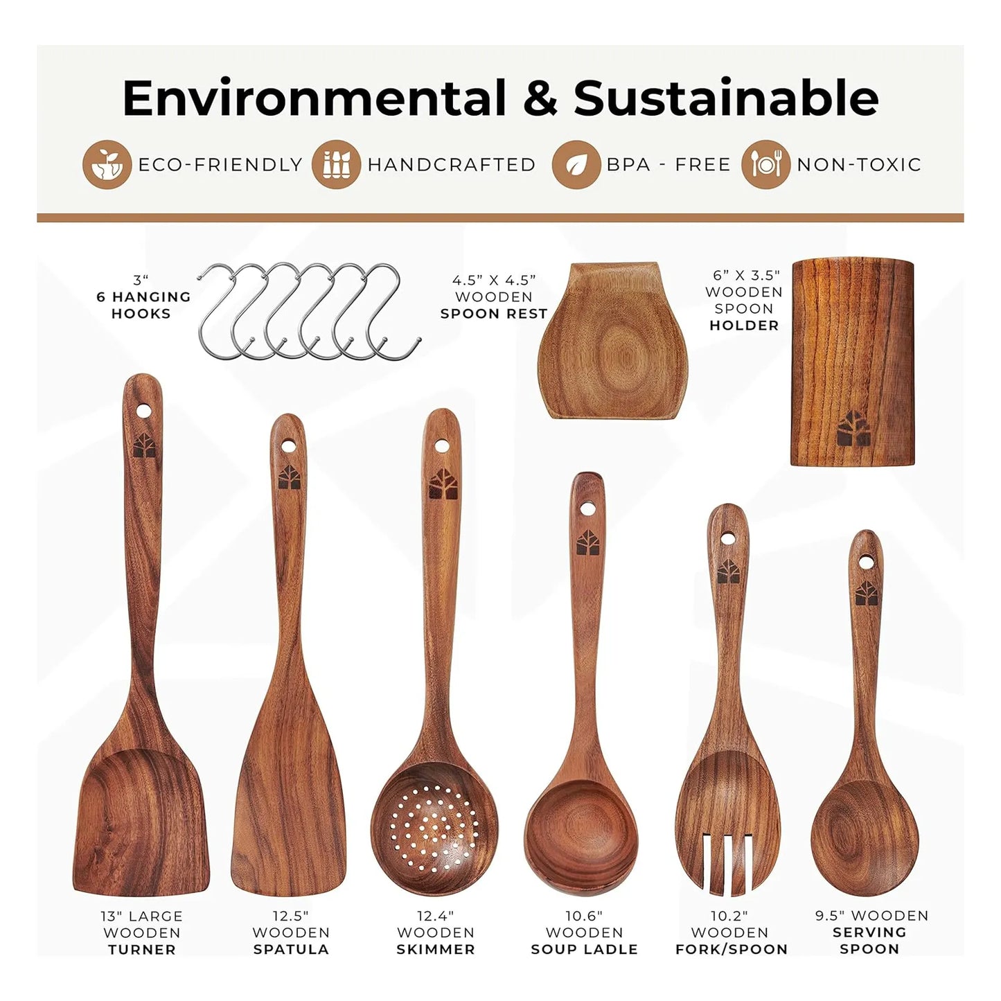 Juego De 8 Utensilios Cocina Madera Con Soporte Cucharas Teca Natural