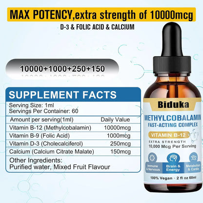 Gotas Líquidas Sublinguales Vitamina B12 10000 Mcg Con D3 Y B9 Energía Y Salud